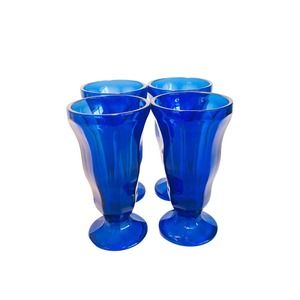 VTG ANCHOR HOCKING Set of 4 Blue Cobalt Glass Footed Ice Cream Sundae Dishes